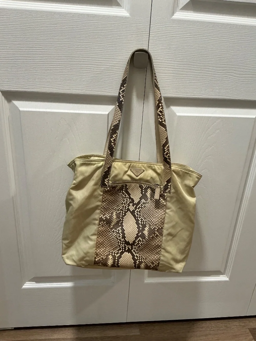 Prada beige nylon shoulder bag with genuine python accents